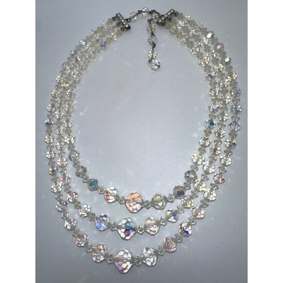 1950s vintage triple 3 strand faceted aurora borealis glass beaded necklace - Picture 1 of 10